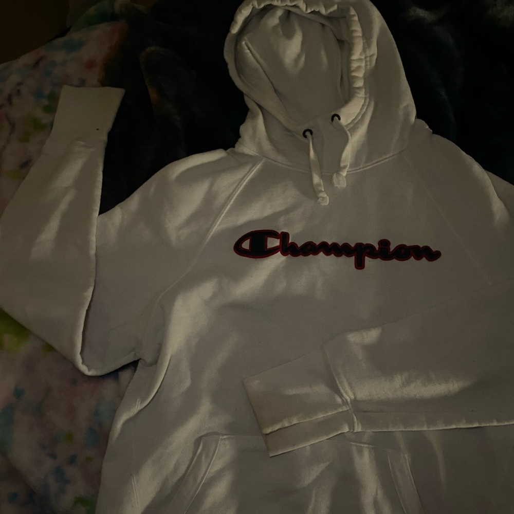 Champion White Hoodie with Red Logo
